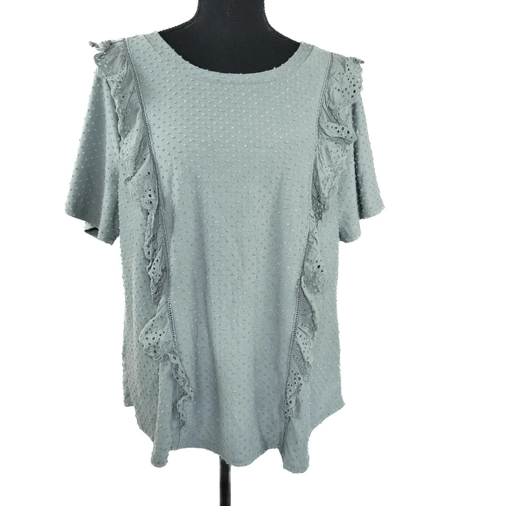 🔥 (5for$35) PERCH by Blu Pepper Sage Green Blouse Short sleeve Swiss dot